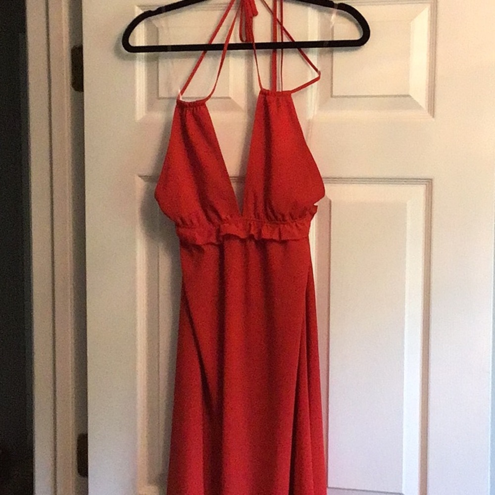 Red V Neck Neck Tie maxi dress, size small. PTP 14”